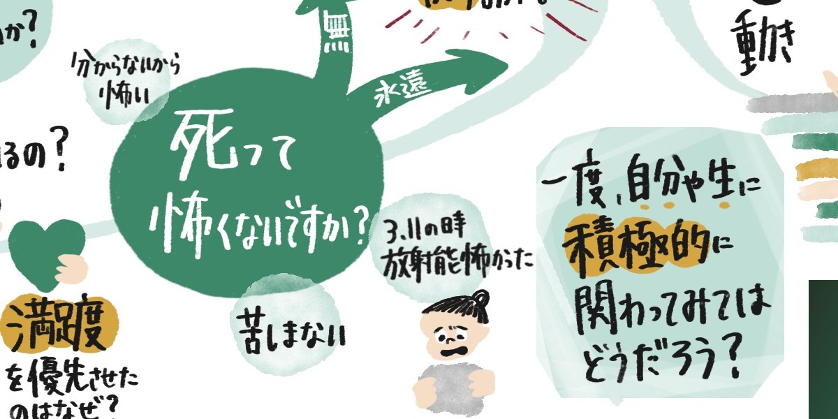 一度、自分や生に積極的に関わってみてはどうだろうというメッセージのグラフィックレコーディング部分