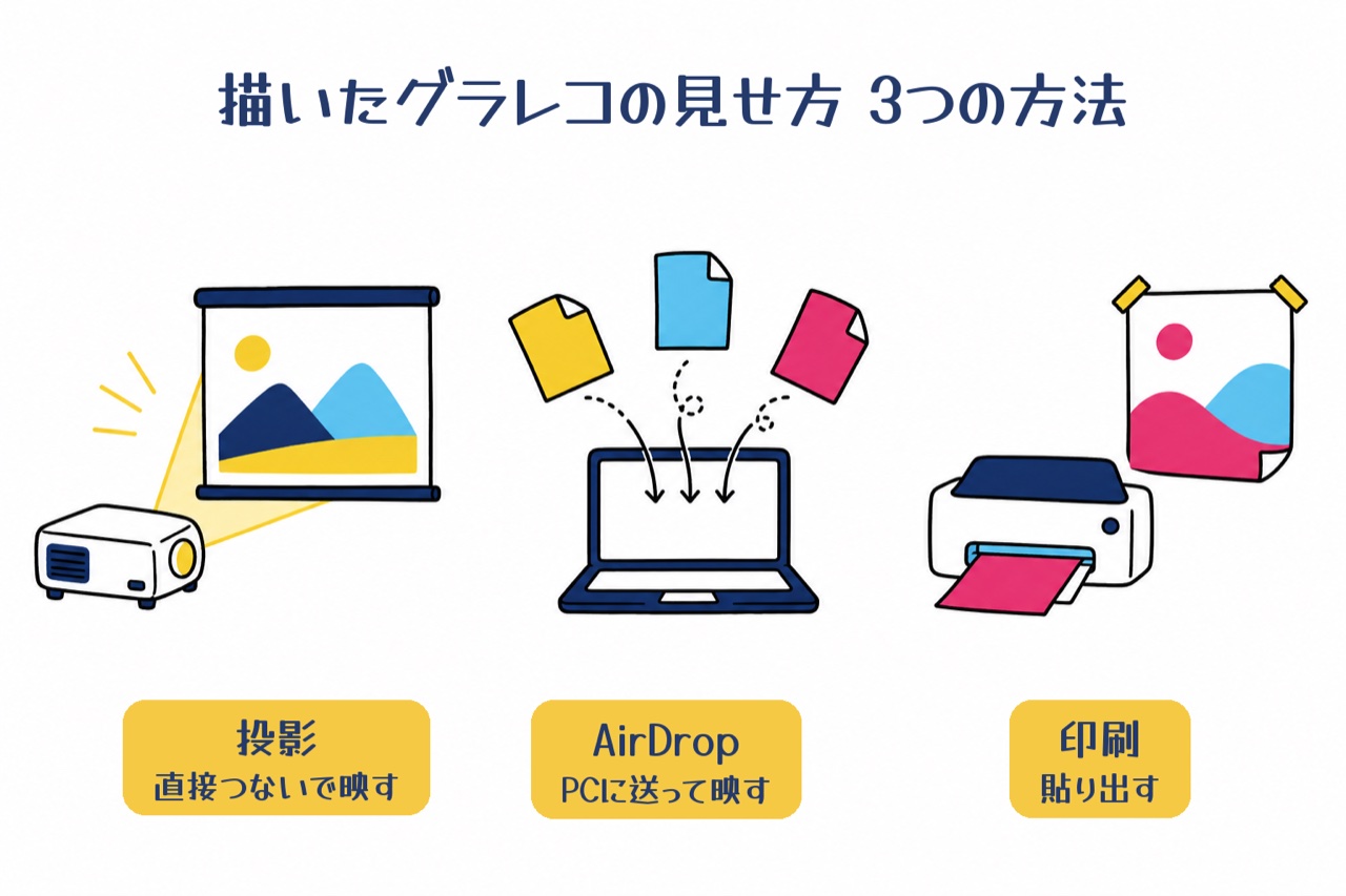 グラフィックレコーディングを会場で見せる3つの方法 プロジェクター投影・AirDrop・印刷して掲示の図解