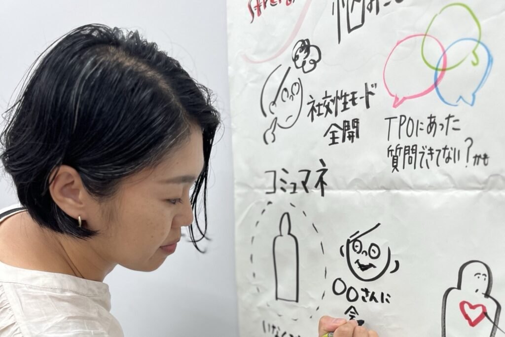 会場でグラフィックレコーディングを描く小川綾