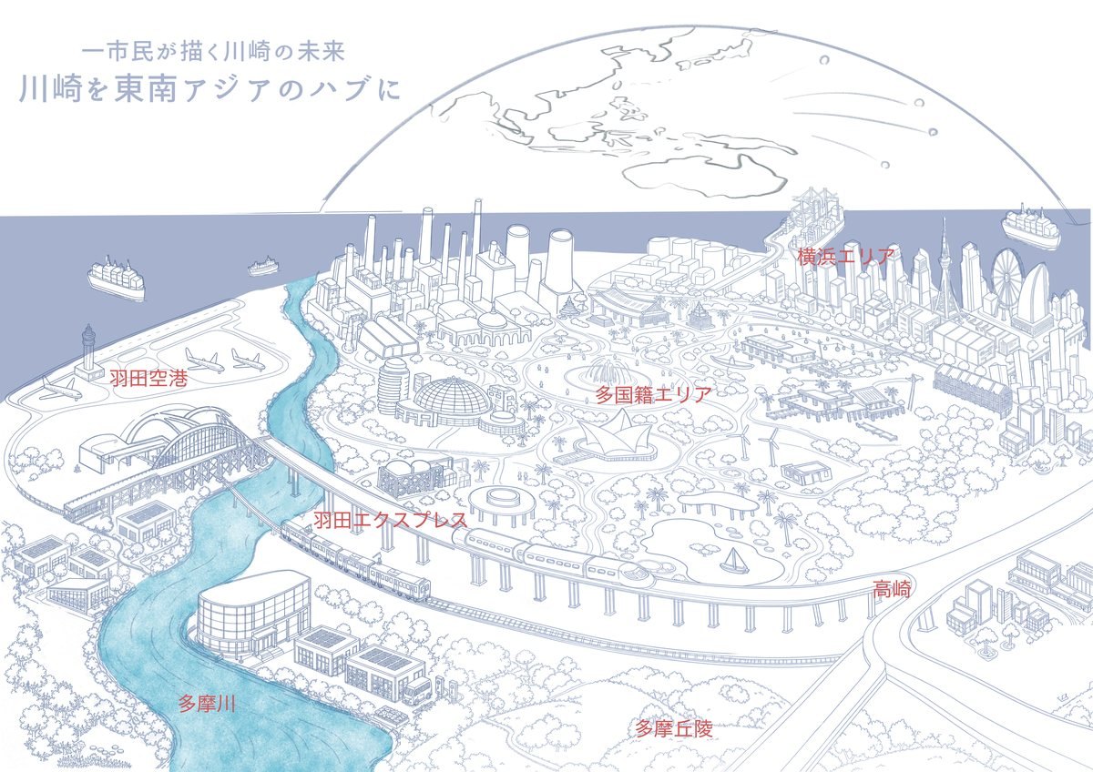 地名を書き添えた川崎ビジョンマップの線画